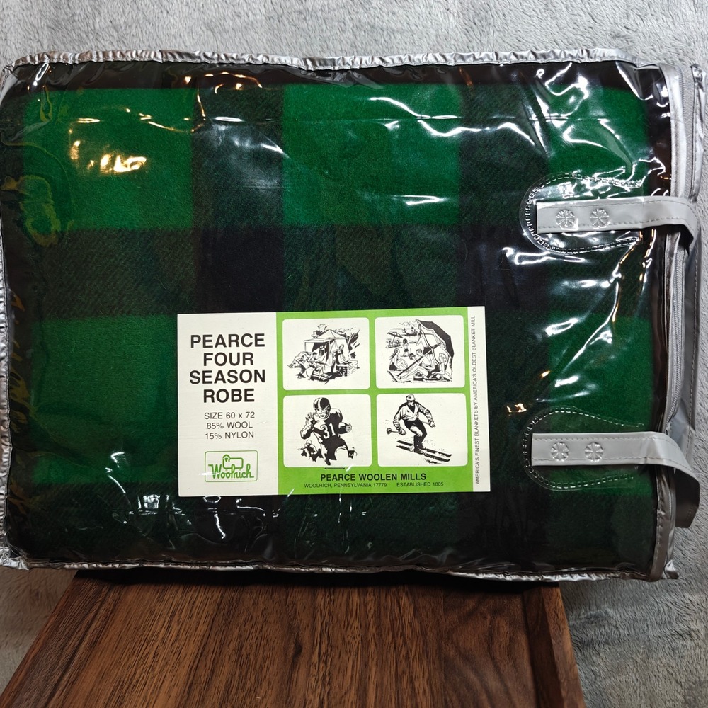 Deadstock Vintage Woolrich Made in USA Blanket 60x72 Green Buffalo Plaid Wool